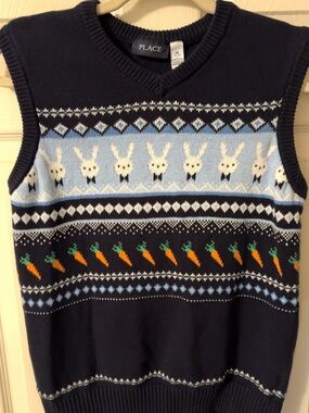 Place Navy V-Neck Sweater Vest with Light Blue Bunny and Orange Carrot Motif